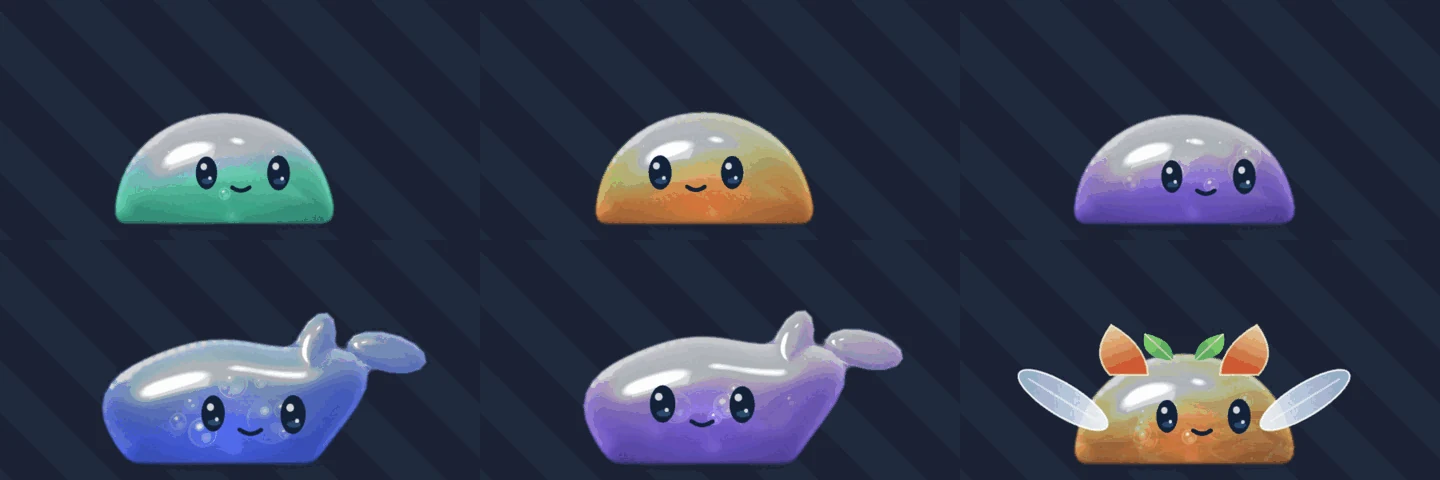 Six slimes on a dark striped background: green, orange and purple domes on top; a blue and a purple whale shape and an orange dome with leaf ears and fairy wings below.