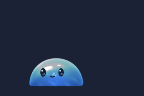 A blue gel slime resting at the bottom of a dark screen, breathing slowly, blinking and smiling.